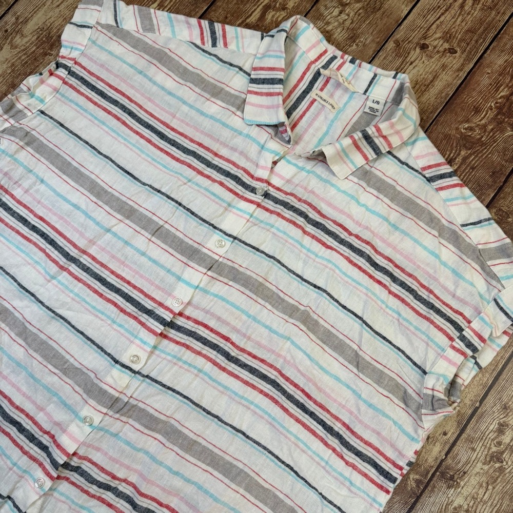 Weatherproof Vintage Washable Linen Top Womens Large White Striped Tie Front